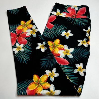 NEW LuLaRoe TC Leggings BLACK Flower PALM Tropical PLUMERIA Vacation Island