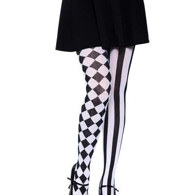 Harlequin Tights Nylon Opaque Jester Hosiery Black/White Adult One Size LA 7720