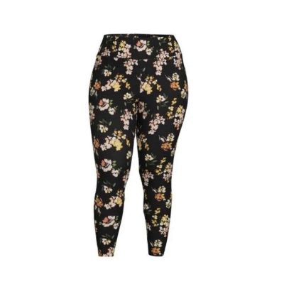 Terra and Sky Womens High Rise Fitted Black Flower Leggings Size 2X New