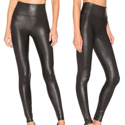 Spanx Shimmer Leggings Womens S Black Faux Leather Stretch Ankle Pull On