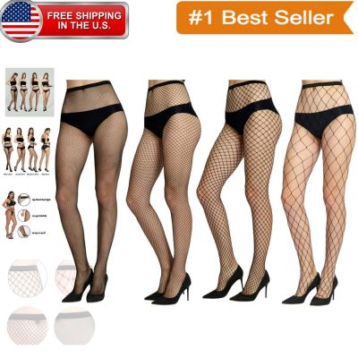 Elegant Black Fishnet Tights - 4 Pairs High Waist & Run-Resistant Design