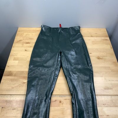 SPANX FAUX PATENT LEATHER Womens L Deep Green Shiny Glossy Leggings #8972