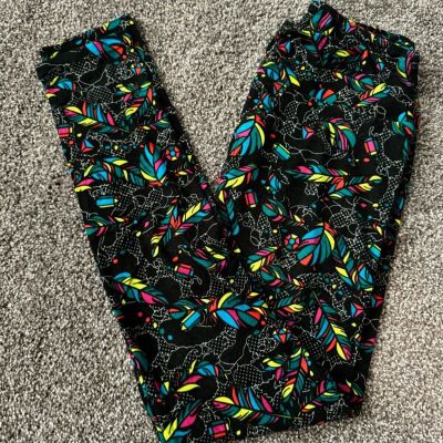 Lularoe Leggings OS Neon Feathers on Black w/ White Polka Dots (Sizes 2-10)