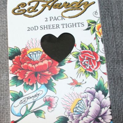 NEW boxed Ed Hardy 2 pack 20D sheer tights pantyhose Size M/L.Solid black color.