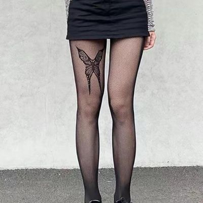 Black fishnet tights with butterfly design - perfect for a goth or emo look