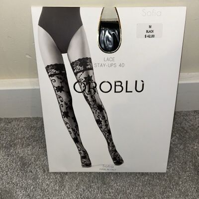 Oroblu 'Sofia' Black Lace Stay-Ups Pantyhose in Size M-NEW