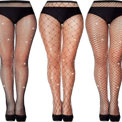 Geyoga 3 Pairs Glitter Rhinestone Fishnets Stockings Sparkly Tights Shimmer Pant