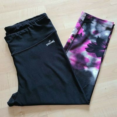 SPALDING Speed-Dri Black Pink Floral Mid Rise Workout Cropped Leggings Size XL