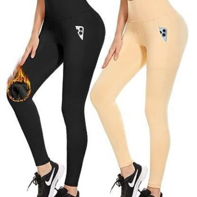 Leggings with Pockets for Women - Yoga Small-Medium Fleece Line - Black/Beige