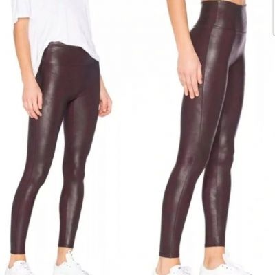 Spanx Faux Leather Eggplant Purple Red Ankle Length Leggings Women's Size Small