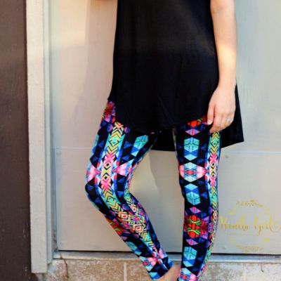 Legging Black with Multi Color Geometric Patterns Womens Size S-L (2-12)