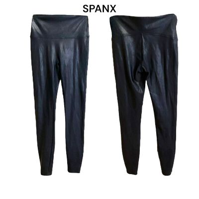 Spanx Black Faux Leather Leggings Womens Medium Slimming Abdominal Support Band