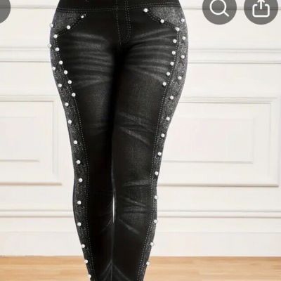 Black Leggings PU Rhinestone Size L