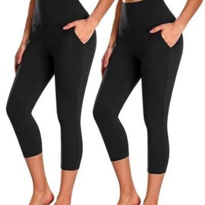 Leggings with Pockets for Women - Yoga Pants Small-Medium Capri-black/Black