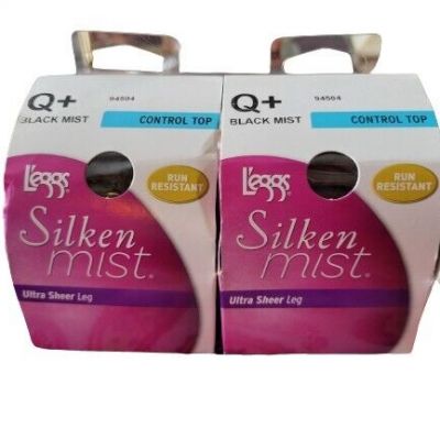 L'eggs Q Plus Silken Mist Pantyhose Black Size Q+ TWO PAIRS