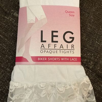 LEG AFFAIR White Opaque Tights Biker Shorts with Lace Queen Size