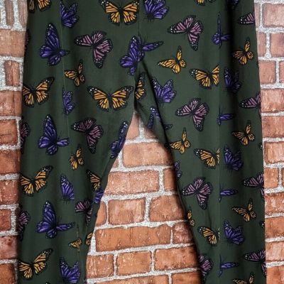 LuLaRoe Women's Dark Green Butterfly Elastic Waist Leggings Size TC2 Tall Curvy