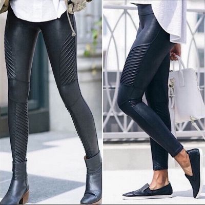 SPANX Faux Leather Moto Leggings Pintuck High Rise Metallic Black Women's S