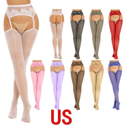 US Womans Oil Glossy Pantyhose Footed Hollow Out Tights Suspender Thigh Stocking