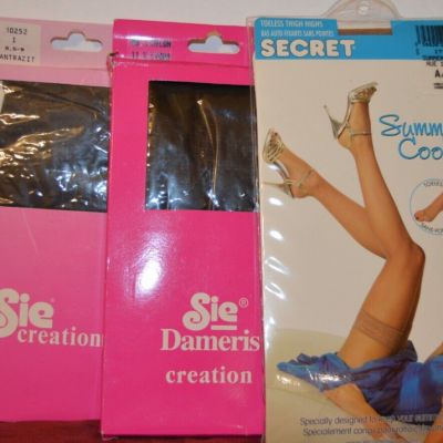 3 Pair Assorted Thigh Highs Size Small Lace Stay Up Wide Band Black Nude (SD6)