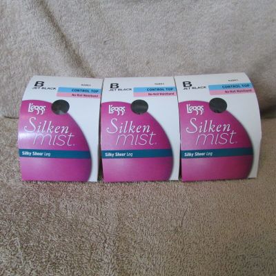 3 Pairs Leggs Silken Mist Pantyhose - Control Top - Size B -  Jet Black   (T 9)