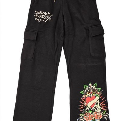 Ed Hardy women's rose skull cargo sweatpant in Black