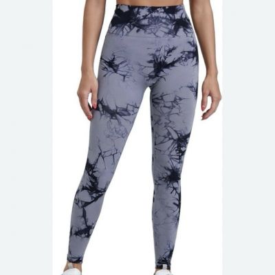 Tie Dye Workout Active Pants Yoga High Waist 4way Stretch Grayish Bluish/Black L