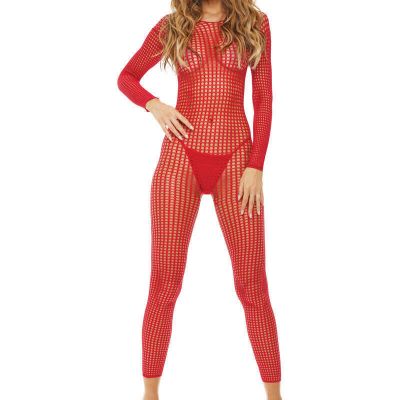 Rene Rofe Long Sleeve Crotchless Bodystocking - One Size - Red