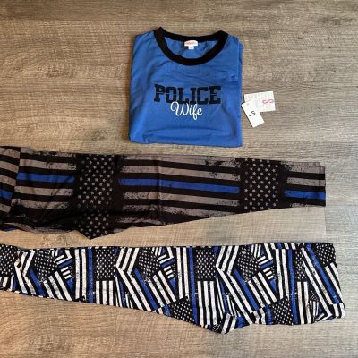 Thin Blue Line Lularoe TC (Tall and Curvy) Leggings & Small Liv Set