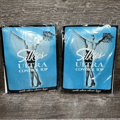 SILKIES Ultra Control Top Pantyhose X-QUEEN X LARGE Barely Black TWO pairs NOS