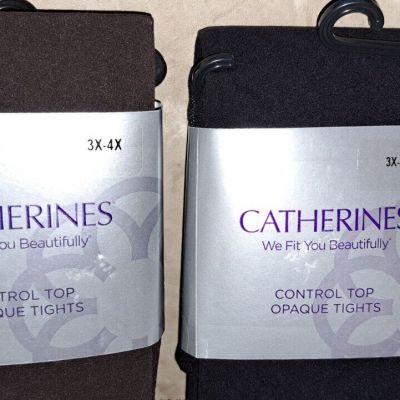 Ladies 2- Catherines Opaque Tights Control Top 3x-4x Brown Black New