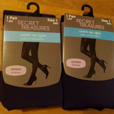 2 Pairs Secret Treasures Opaque Tights~60 Denier~Size 1 Navy OR Size 2 Black 1pr