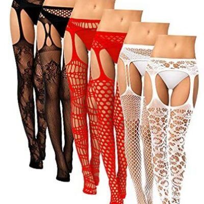 6 Pairs Women Fishnet Thigh High Stockings Medium-Large Black, Red, White