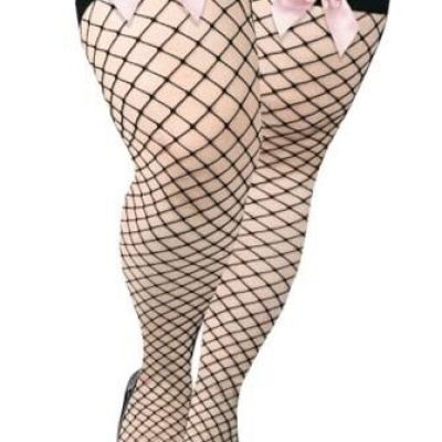 Plus Size Fishnet Stockings with Bows Stay up One Size Plus Black/Pink Bow