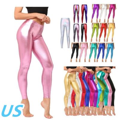 US Women Shiny Metallic Skinny Pants Trousers Faux Leather Tights Long Pants