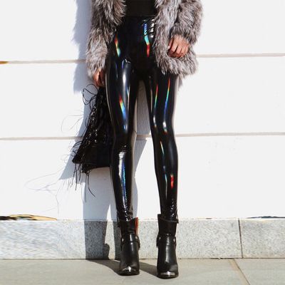 Women's Shiny Holographic Leggings Wet Look PU Leather High Waist Skinny Pants