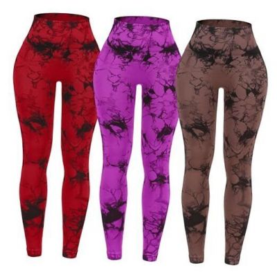 3 Pack Tie Dye Seamless High Waisted Workout Leggings for Small Red/Rose/Brown