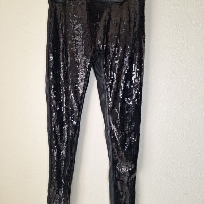 Spanx Leggings Medium Black Faux Leather Sequin Disco Glam Stretch Shapewear