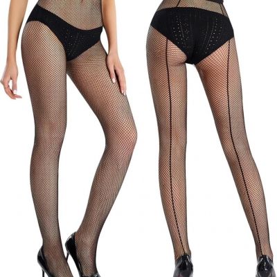 2 Pairs Black Fishnet Pantyhose, Sheer Fishnet Tights W/ Back Seam, One Size NWT