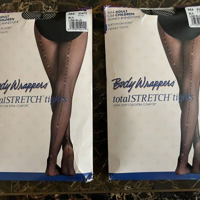 New In Pkg-2 Pairs Of Body Wrappers Black Seamed Rhinestone Fishnet Tights L/XL