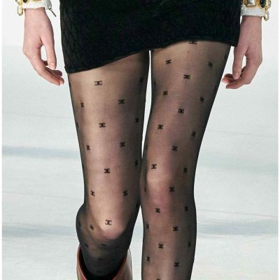 Chanel REV Runway Black CC Logo Sheer Hoisery Stockings Pull On Tights Small S