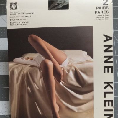 Anne Klein Pantyhose Polished Sheer Black Queen 2X Control Top Reinforced Toe