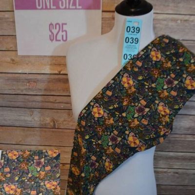 NWT LuLaRoe One Size Pink/Yellow/Green Flowers & Ferns on Midnight Blue