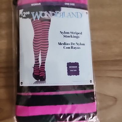 Women's Striped Stockings One Size  Pantyhose Thigh High Pink Black