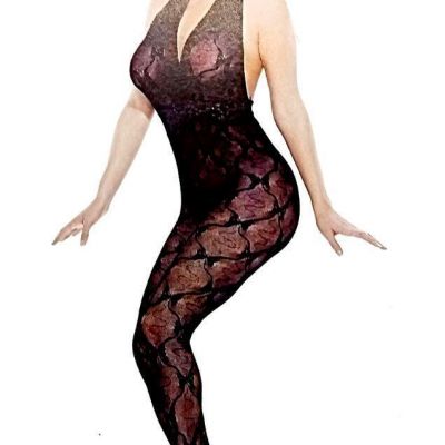 sexy MUSIC LEGS low CUT plunging HALTER backless BOW lace FISHNET bodystocking