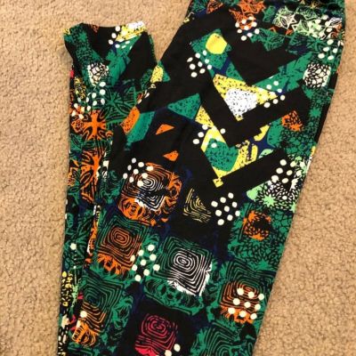 LuLaRoe TC Rainbow Aztec Multi Geometric Black Leggings Old Style Tall Curvy NEW