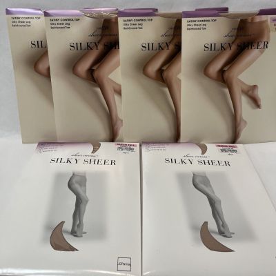 6 Pair Sheer Caress SILKY SHEER Satiny CONTROL TOP  Pantyhose Oatmeal QUEEN TALL