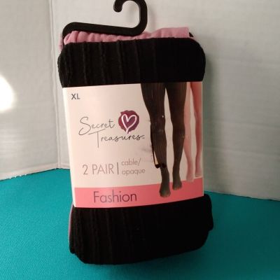 Secret Treasures Women's Opaque Black & Rose Cable Tights 2 Pair XL