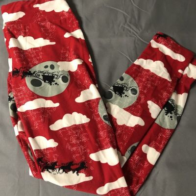 Lularoe OS Leggings Brand New Never Worn Christmas Santa Sleigh Reindeer Clouds