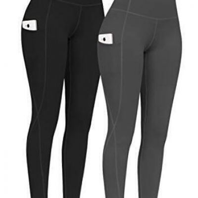 2 Pack High Waist Yoga Pants with Pockets, Tummy Control Small Black & Grey